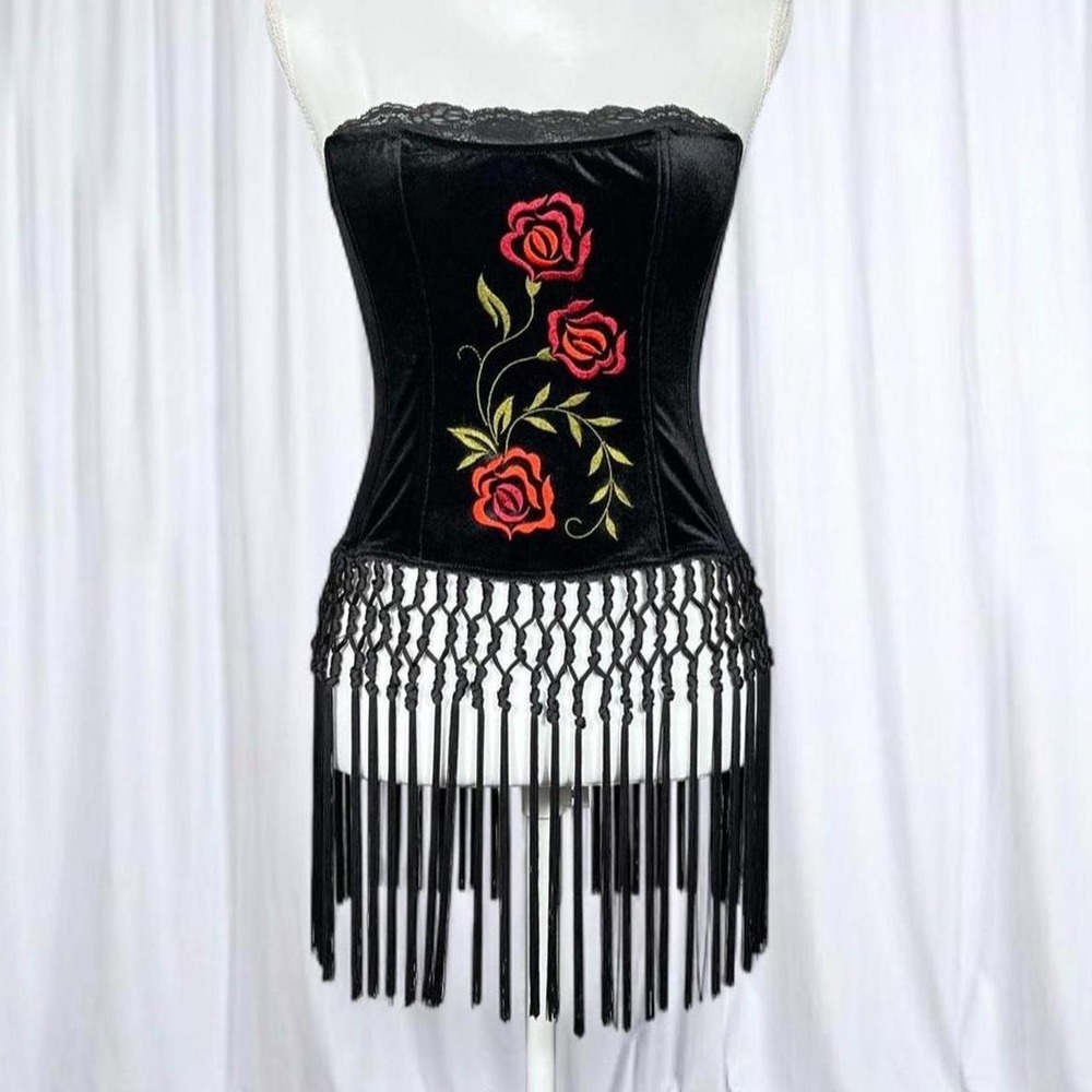 Victoria's Secret Velvet Fringe Corset Bustier Rose Embroidery Vintage 2002 Y2K